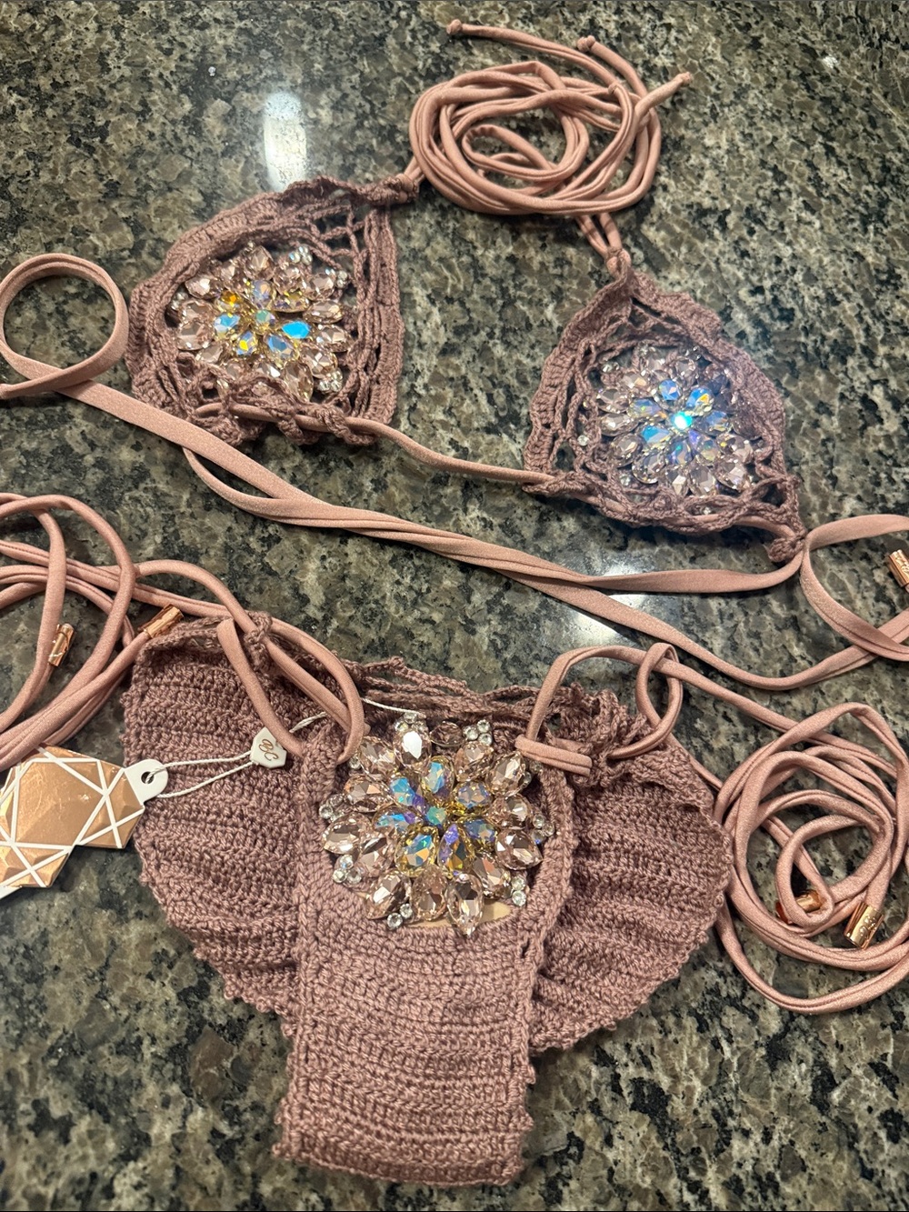Crochet rhinestone bikini set